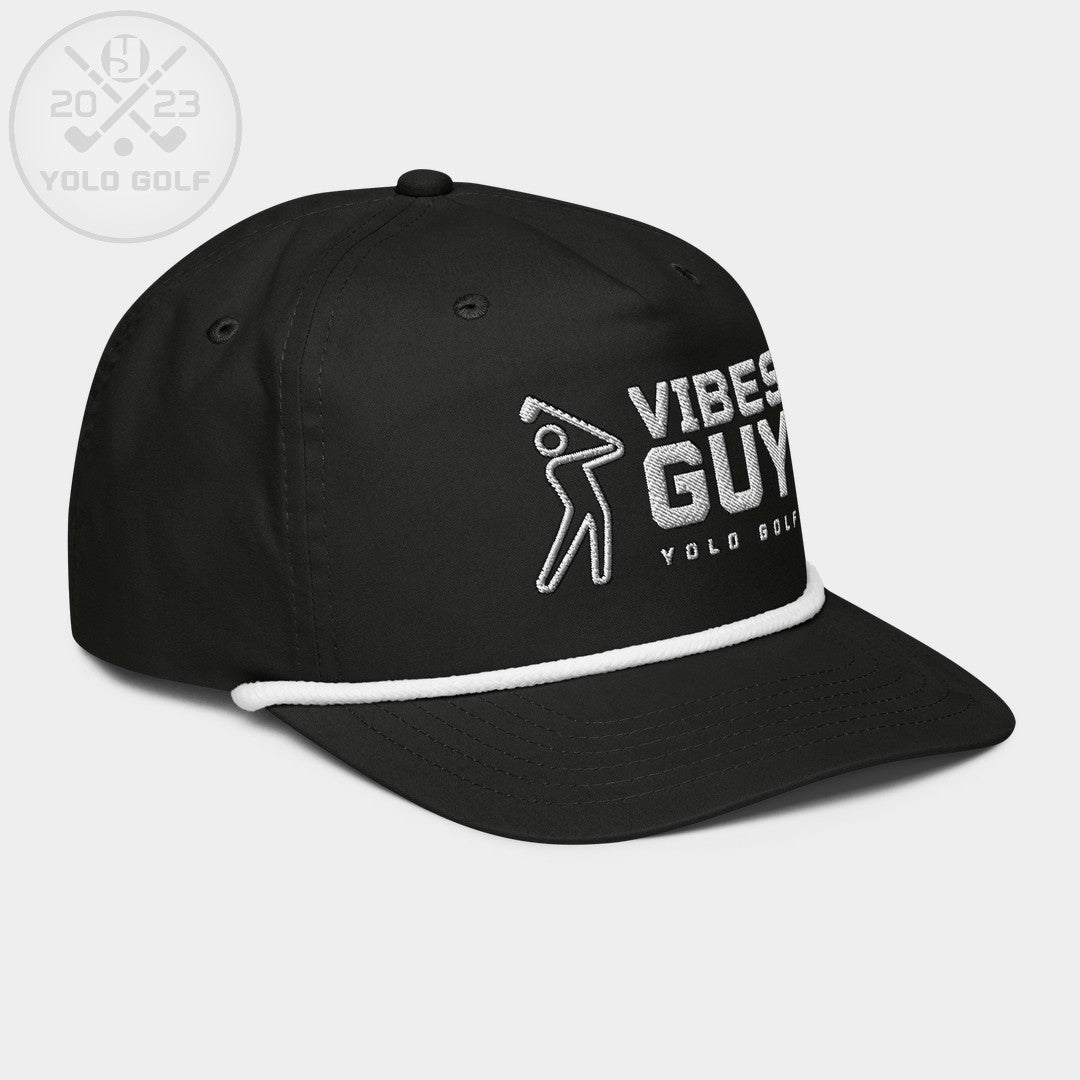 Side angle of black 'Vibes Guy' golf rope cap with silver embroidery, golfer logo, and 