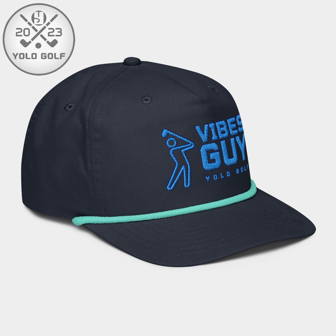 Angled view of black 'Vibes Guy' golf rope cap with 