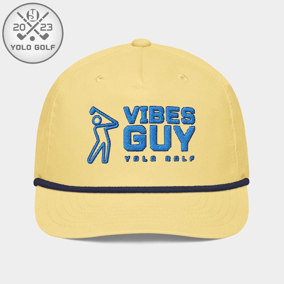 Yellow 'Vibes Guy' golf rope cap with royal teal embroidery, featuring a navy rope detail and #YOLO Golf logo.