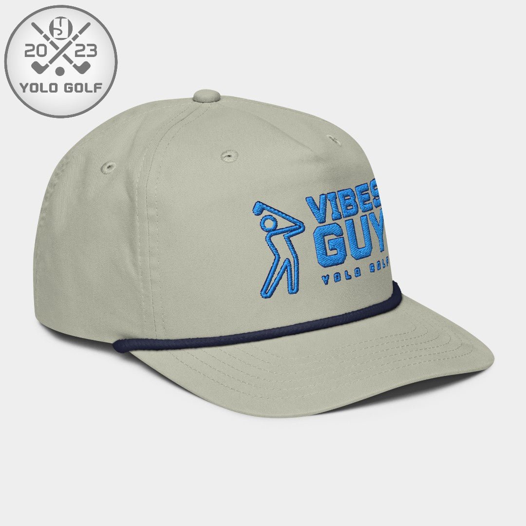 Angled view of light gray 'Vibes Guy' golf rope cap with 