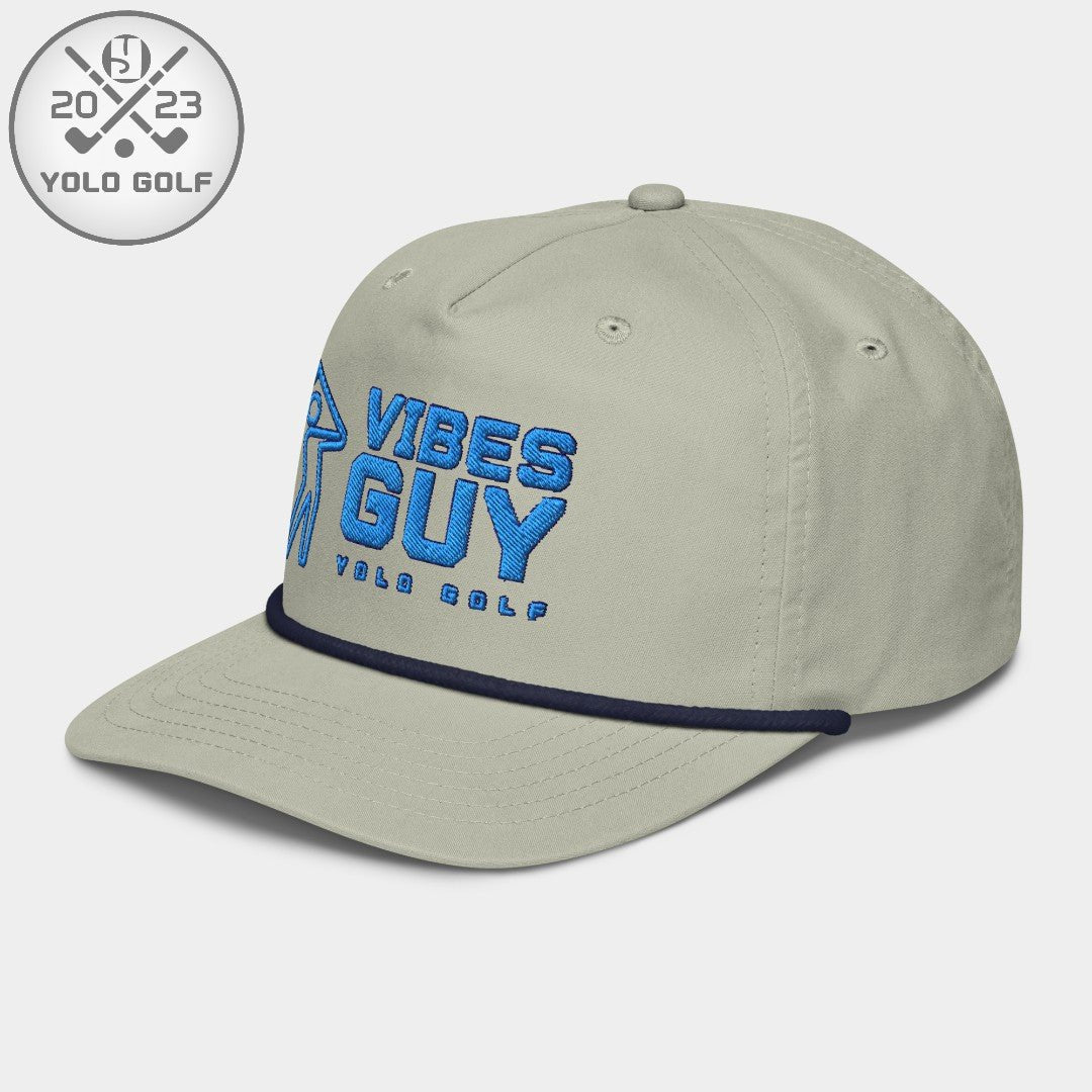 Side view of light gray 'Vibes Guy' golf rope cap with 