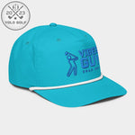 Angled view of teal 'Vibes Guy' golf rope cap with 