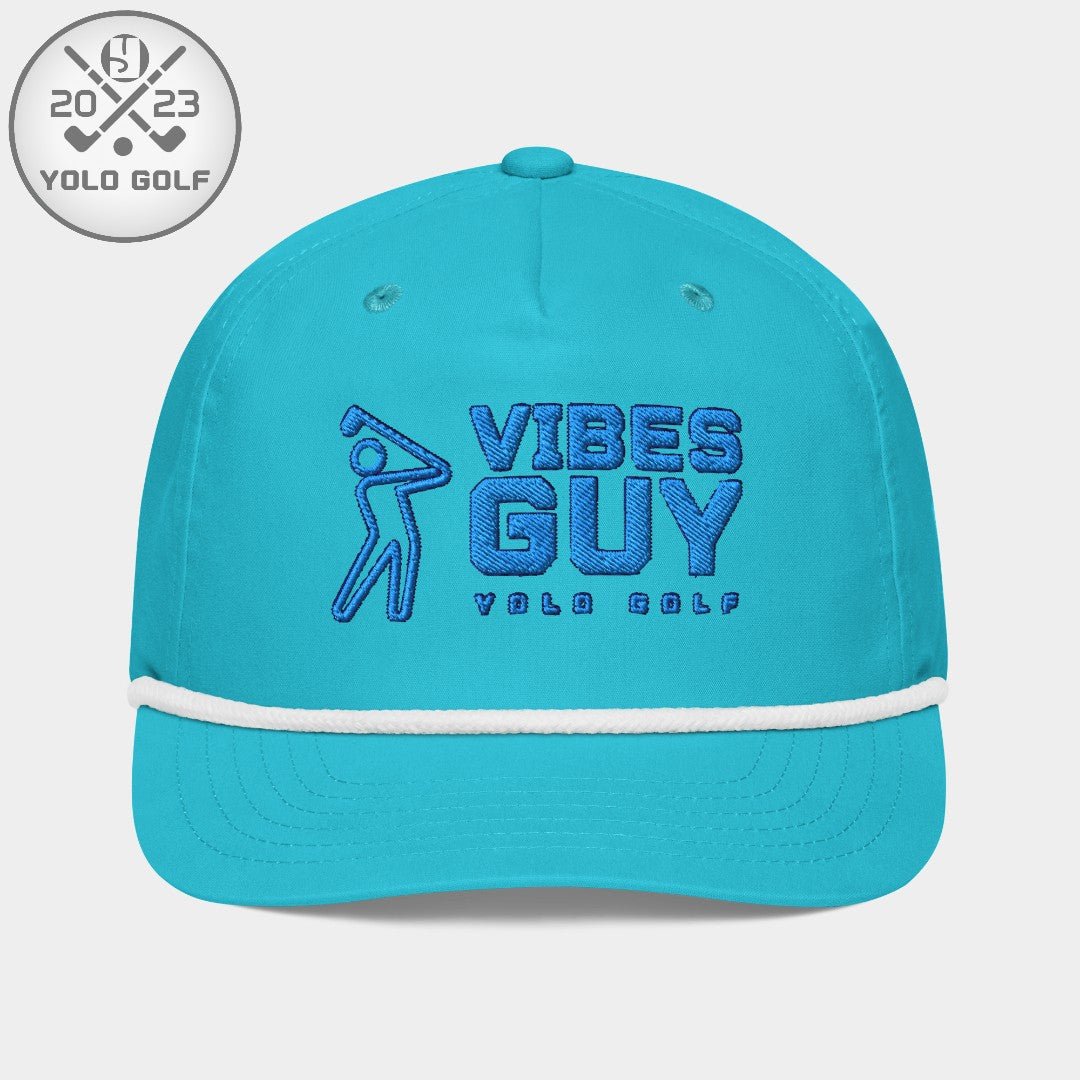 Bright teal 'Vibes Guy' golf rope cap with 