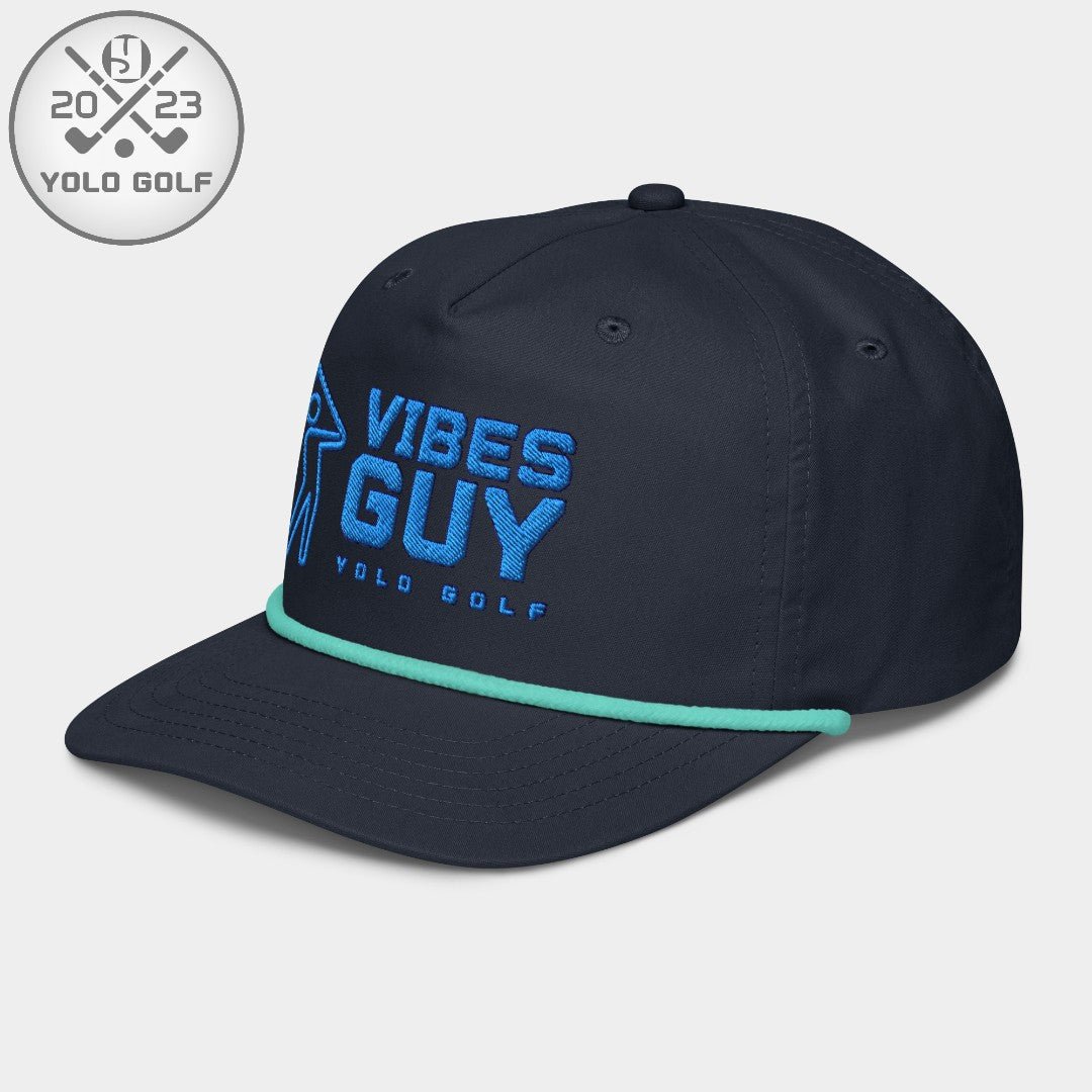 Angled view of black 'Vibes Guy' golf rope cap with 