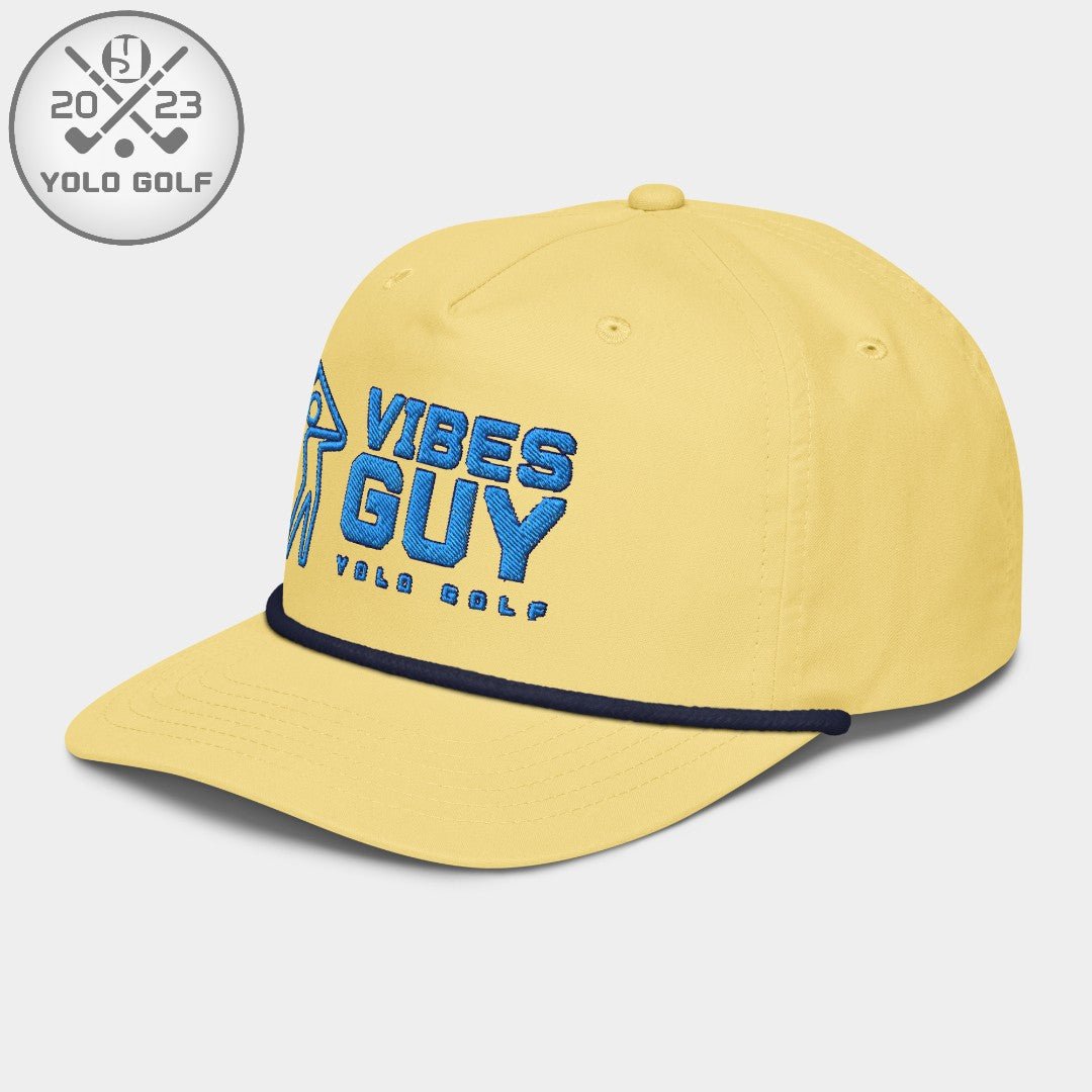 Side view of yellow 'Vibes Guy' golf rope cap with 