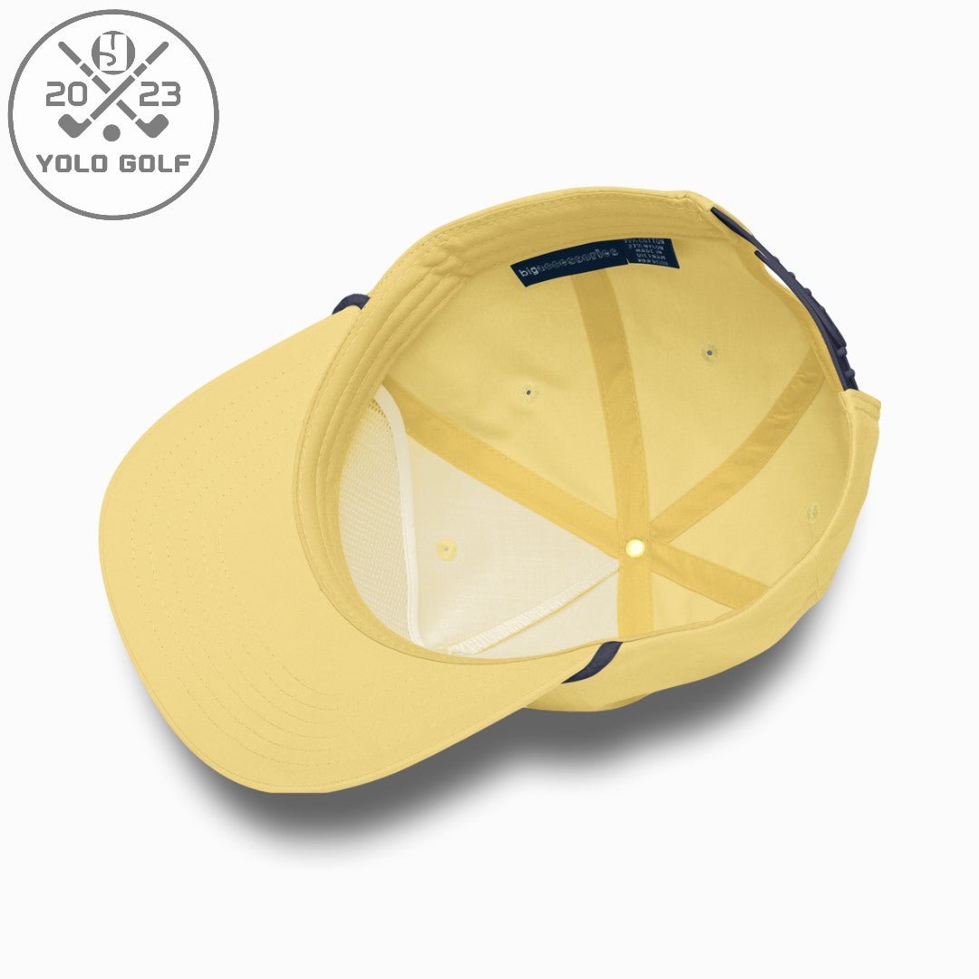 Interior view of yellow 'Vibes Guy' golf rope cap with breathable mesh lining and structured fit for all-day wear.