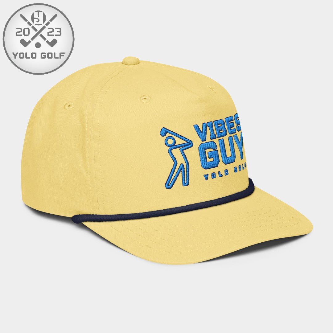 Angled view of yellow 'Vibes Guy' golf rope cap with 