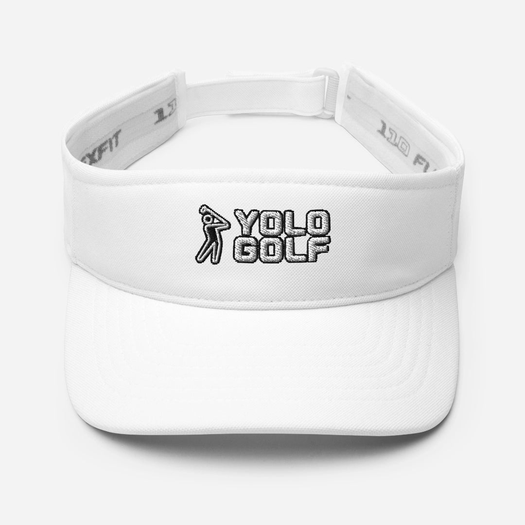 #YOLO Golf Embroidered FlexFit Visor in white with black embroidered logo, perfect for golf and outdoor activities. Stylish and comfortable sun visor for men and women.