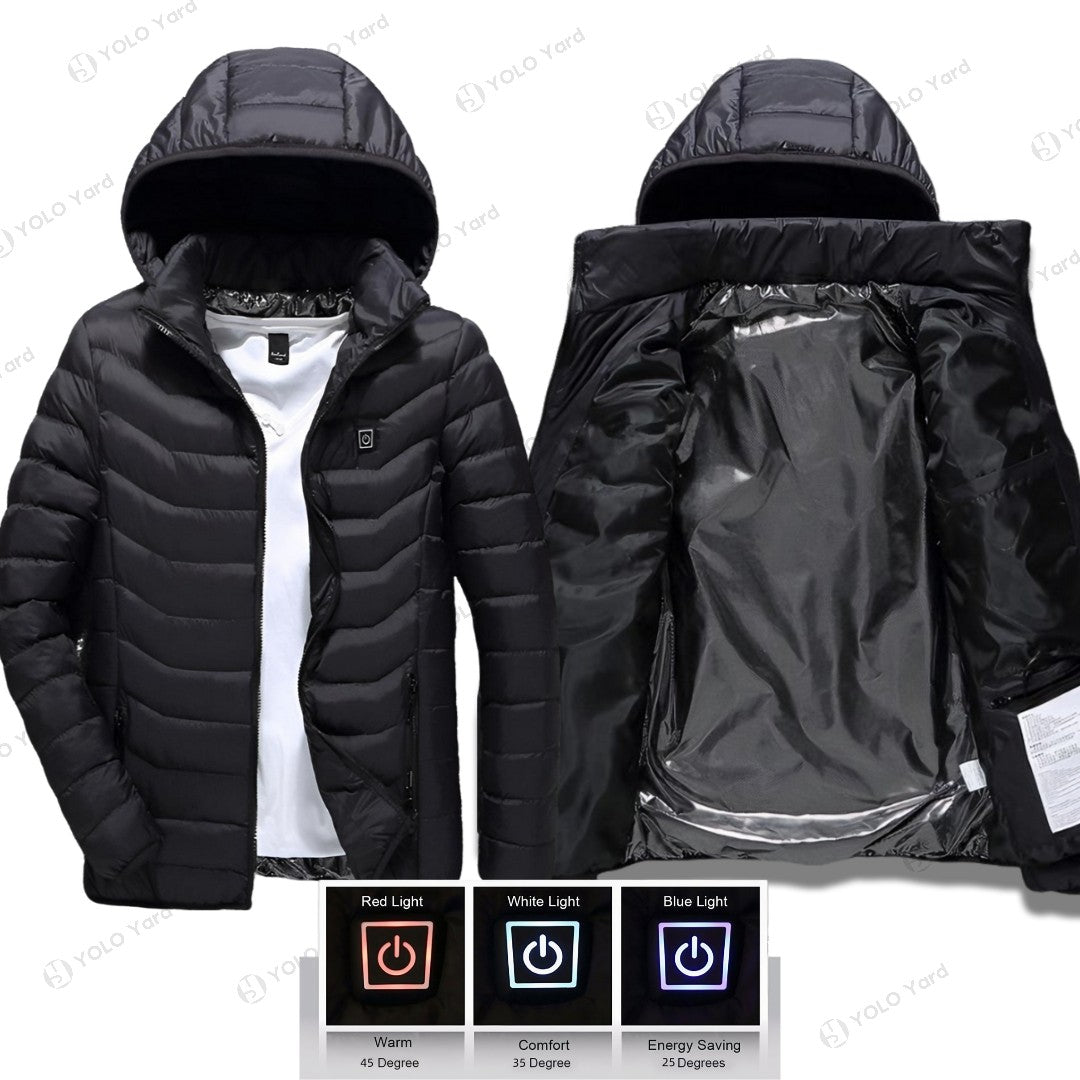 #YOLO Yard's Black Winter Warmth Heated Hooded Puffer Jacket with 9 heating zones and open interior view, showcasing carbon fiber heating wires.