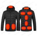 Illustration of 9 heating zones on the #YOLO Yard's black Winter Warmth Heated Hooded Puffer Jacket, highlighting front and back heating areas.