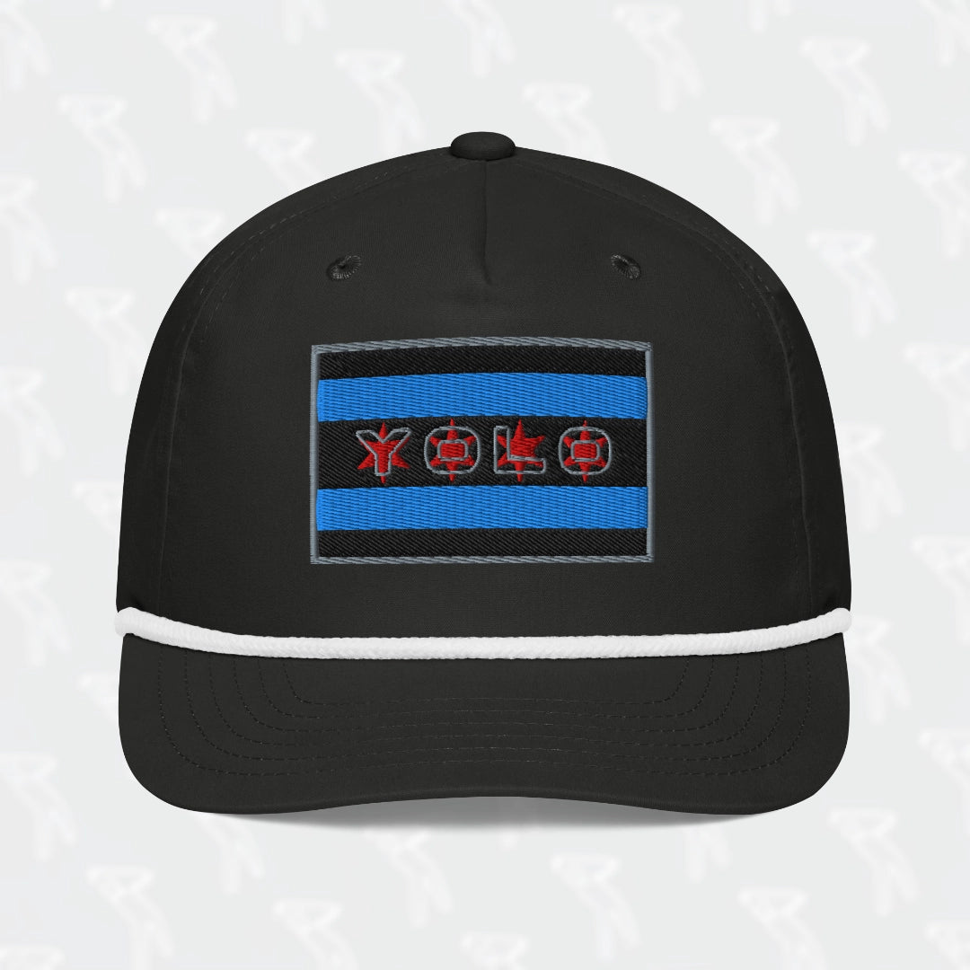 #YOLO-Chicago embroidered flag patch rope cap in black with a flat bill and white rope detail. Features a bold Chicago flag design with YOLO text.