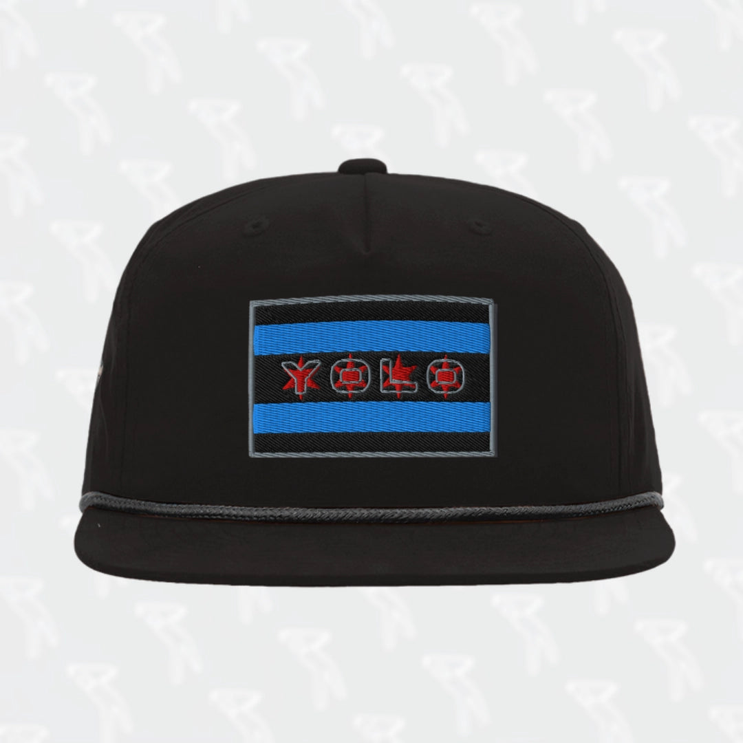 #YOLO-Chicago Flag Patch Braided Rope Hat with UPF 50+ protection, featuring an embroidered Chicago flag patch and braided rope detail. Stylish snapback cap for golf and casual wear.