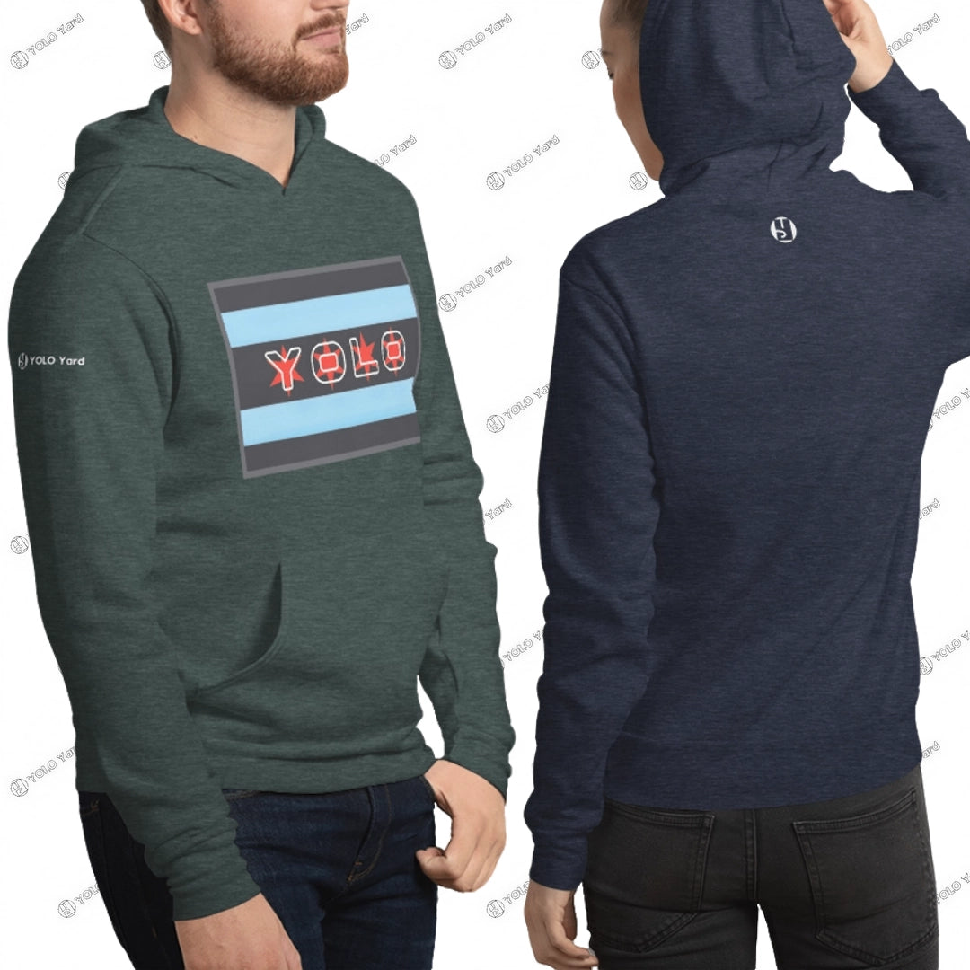 #YOLO-Chicago Flag Pullover Hoodie in green and navy, showcasing Chicago flag design with YOLO branding. Unisex activewear hoodie with drawstring.