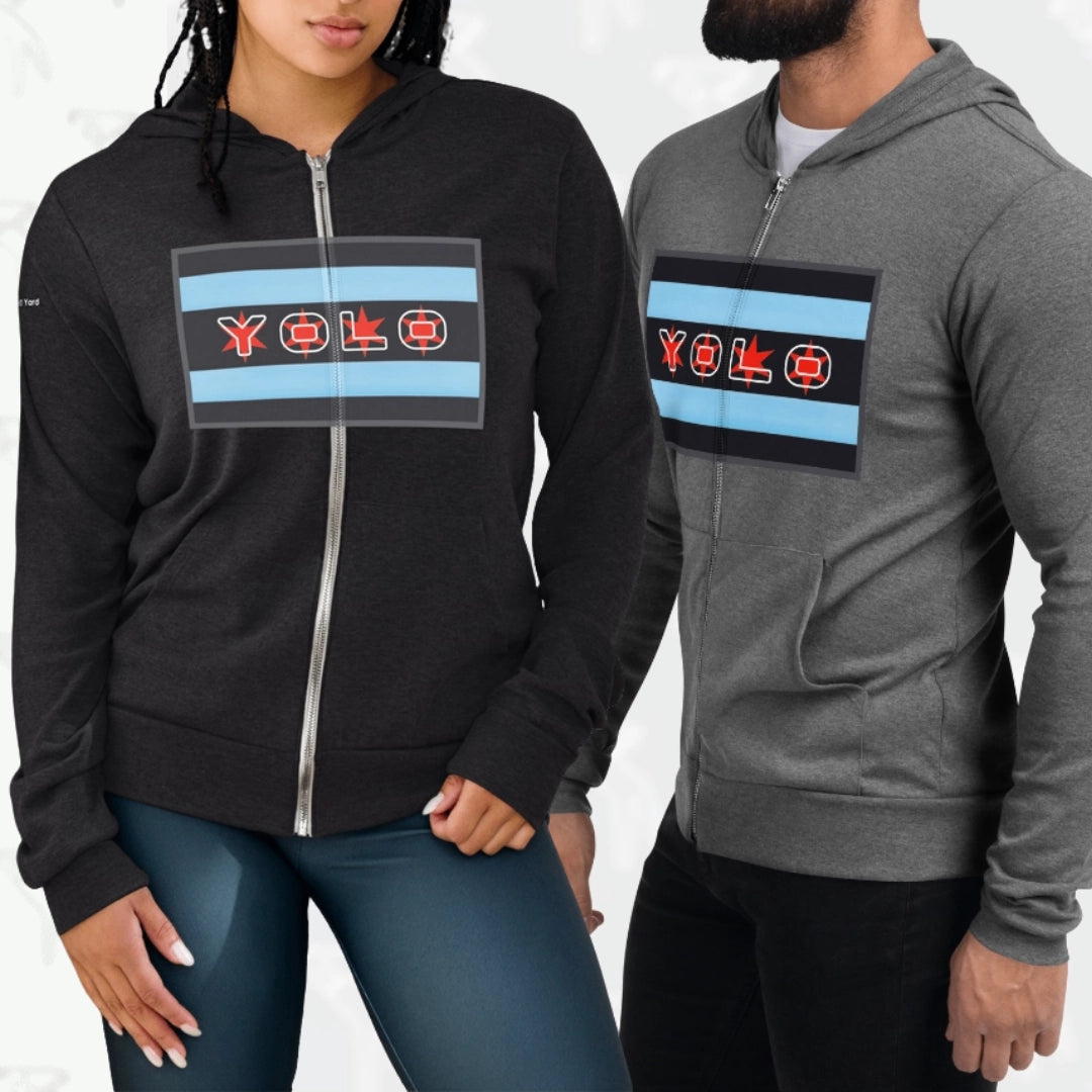 Front view of YOLO-Chicago Flag lightweight tri-blend zip hoodie in gray and black, showcasing a vibrant Chicago flag-inspired 