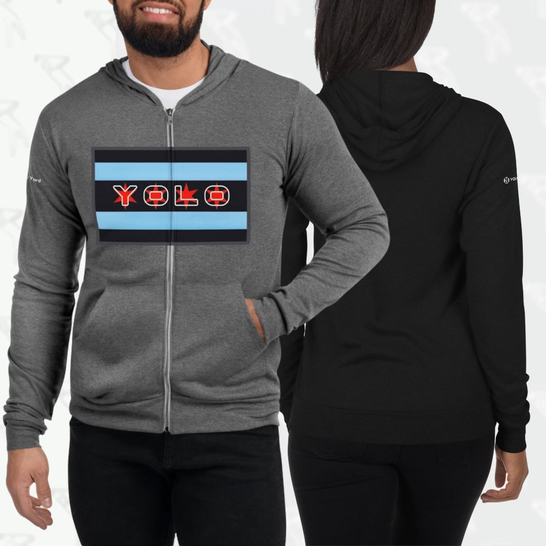 Unisex YOLO-Chicago Flag lightweight tri-blend zip hoodie in gray and black, featuring a bold 