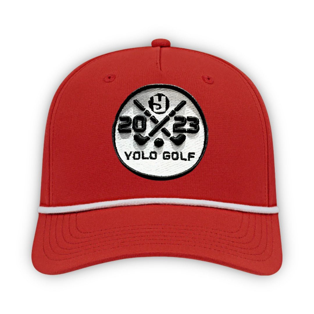 YOLO Golf 3D Puff Circle Logo Golf Rope Hat Cap in gray with white rope detail, featuring embroidered logo and snapback closure. Stylish golf hat for modern performance and vintage vibes.