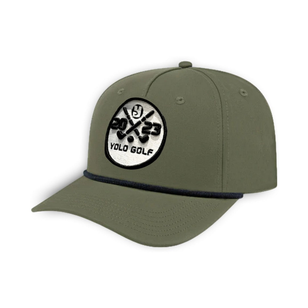 YOLO Golf 3D Puff Circle Logo Golf Rope Hat Cap in gray with white rope detail, featuring embroidered logo and snapback closure. Stylish golf hat for modern performance and vintage vibes.