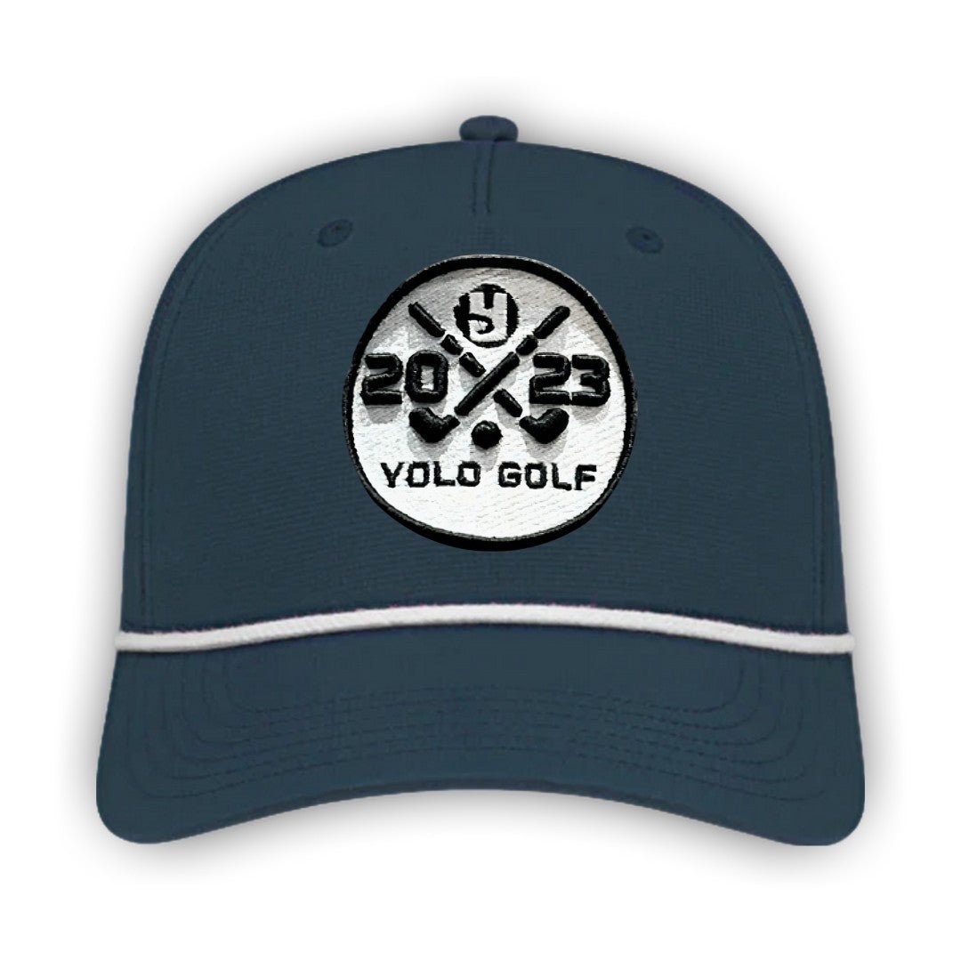 YOLO Golf 3D Puff Circle Logo Golf Rope Hat Cap in gray with white rope detail, featuring embroidered logo and snapback closure. Stylish golf hat for modern performance and vintage vibes.