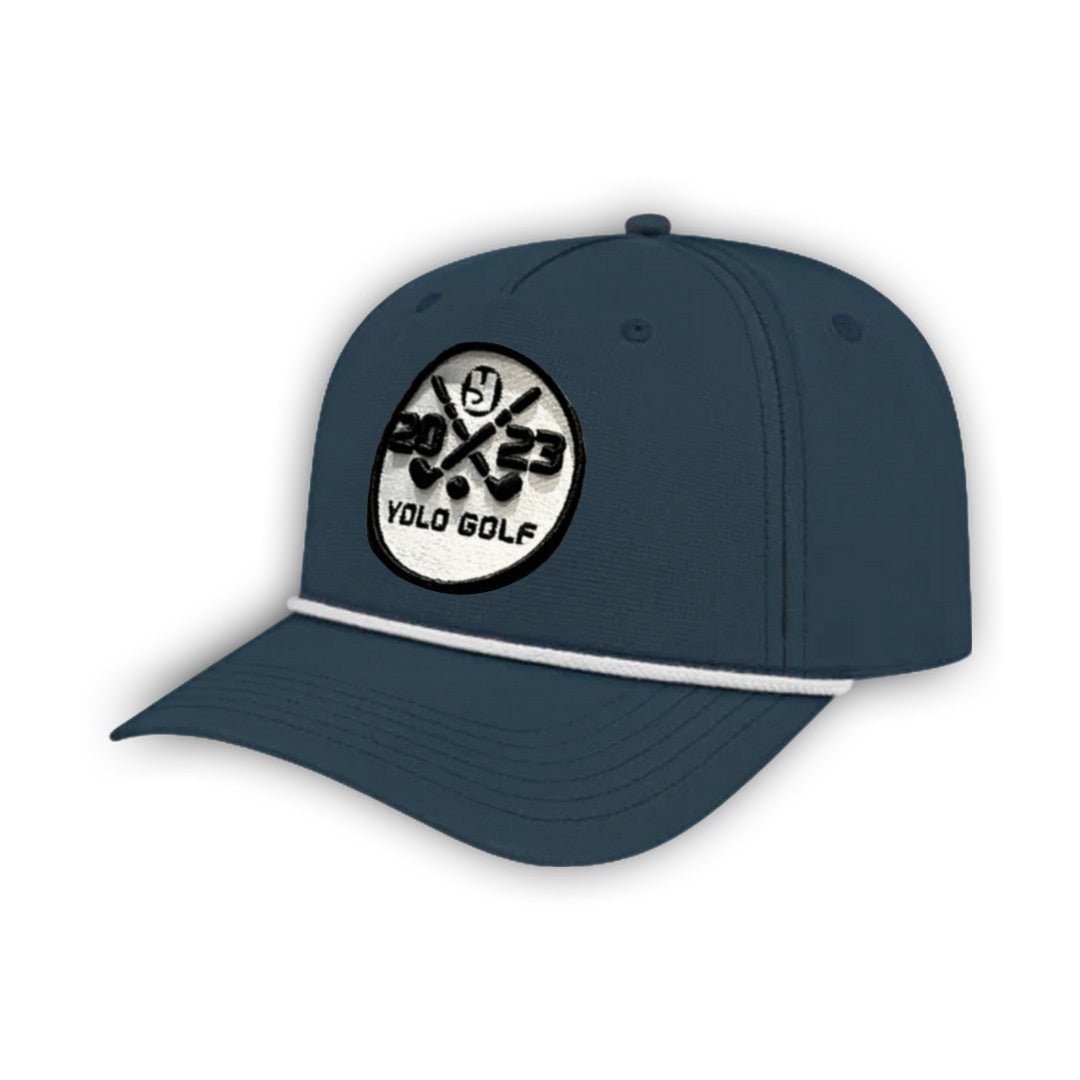 YOLO Golf 3D Puff Circle Logo Golf Rope Hat Cap in gray with white rope detail, featuring embroidered logo and snapback closure. Stylish golf hat for modern performance and vintage vibes.