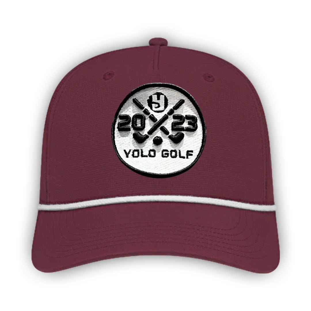 YOLO Golf 3D Puff Circle Logo Golf Rope Hat Cap in gray with white rope detail, featuring embroidered logo and snapback closure. Stylish golf hat for modern performance and vintage vibes.