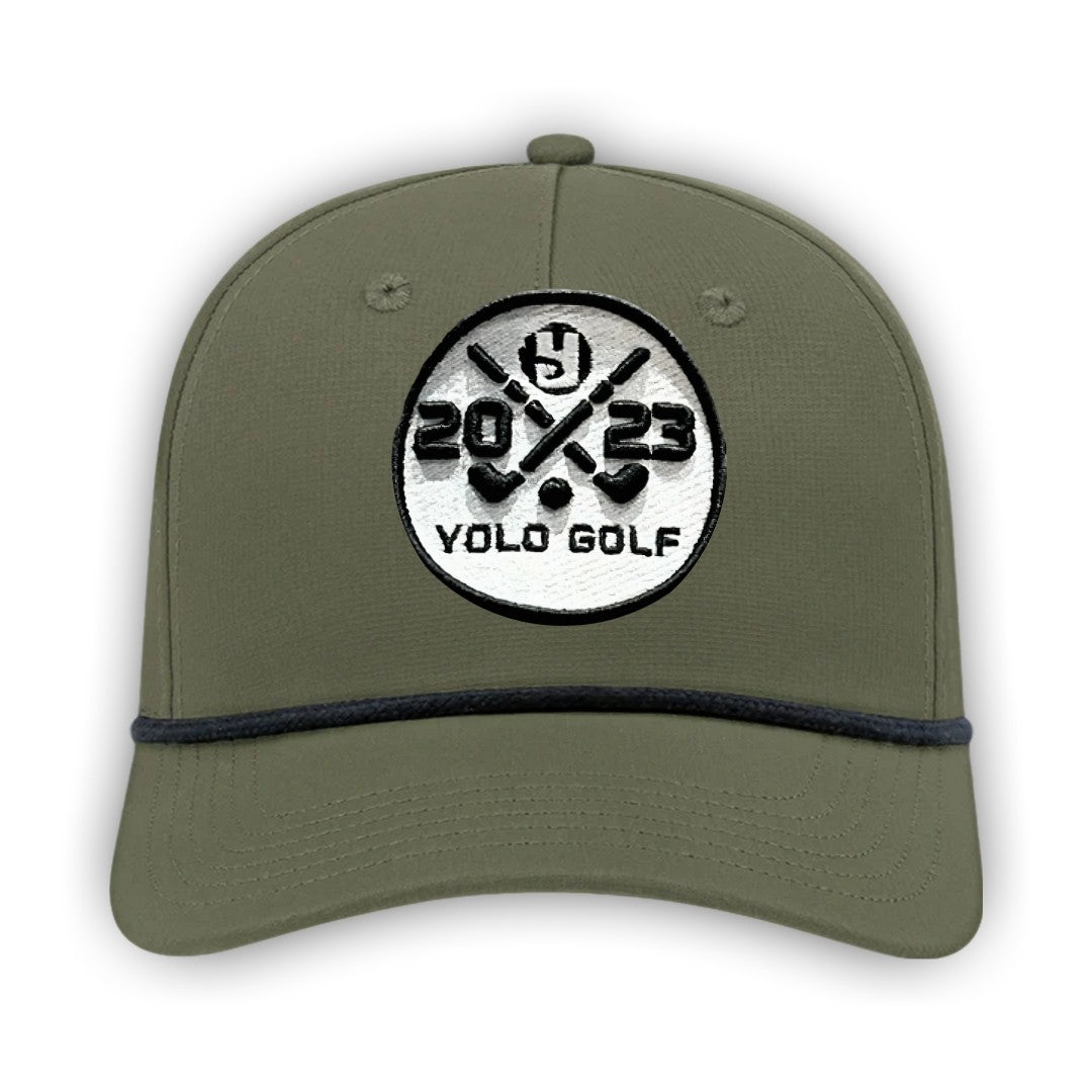 YOLO Golf 3D Puff Circle Logo Golf Rope Hat Cap in gray with white rope detail, featuring embroidered logo and snapback closure. Stylish golf hat for modern performance and vintage vibes.