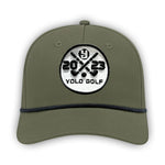 YOLO Golf 3D Puff Circle Logo Golf Rope Hat Cap in gray with white rope detail, featuring embroidered logo and snapback closure. Stylish golf hat for modern performance and vintage vibes.