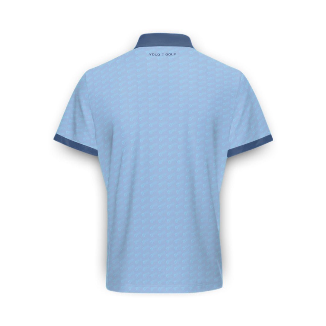 Back view of the 'Out of Office' Blue Dream Swingman EcoTee Polo Shirt by YOLO Golf Sportswear, highlighting the light blue fabric with a dark blue collar and minimal branding.