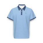 Front view of the 'Out of Office' Blue Dream Swingman EcoTee Polo Shirt by YOLO Golf Sportswear, featuring a light blue design with dark blue collar and sleeve accents.