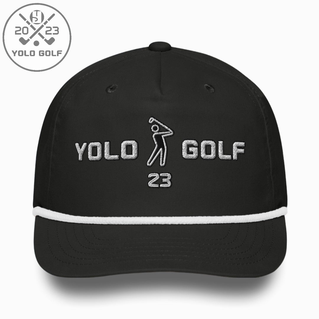 #YOLO Golf 'Swing23' rope cap in black with silver 3D puff embroidery, featuring a golfer logo and white rope detail on the brim.