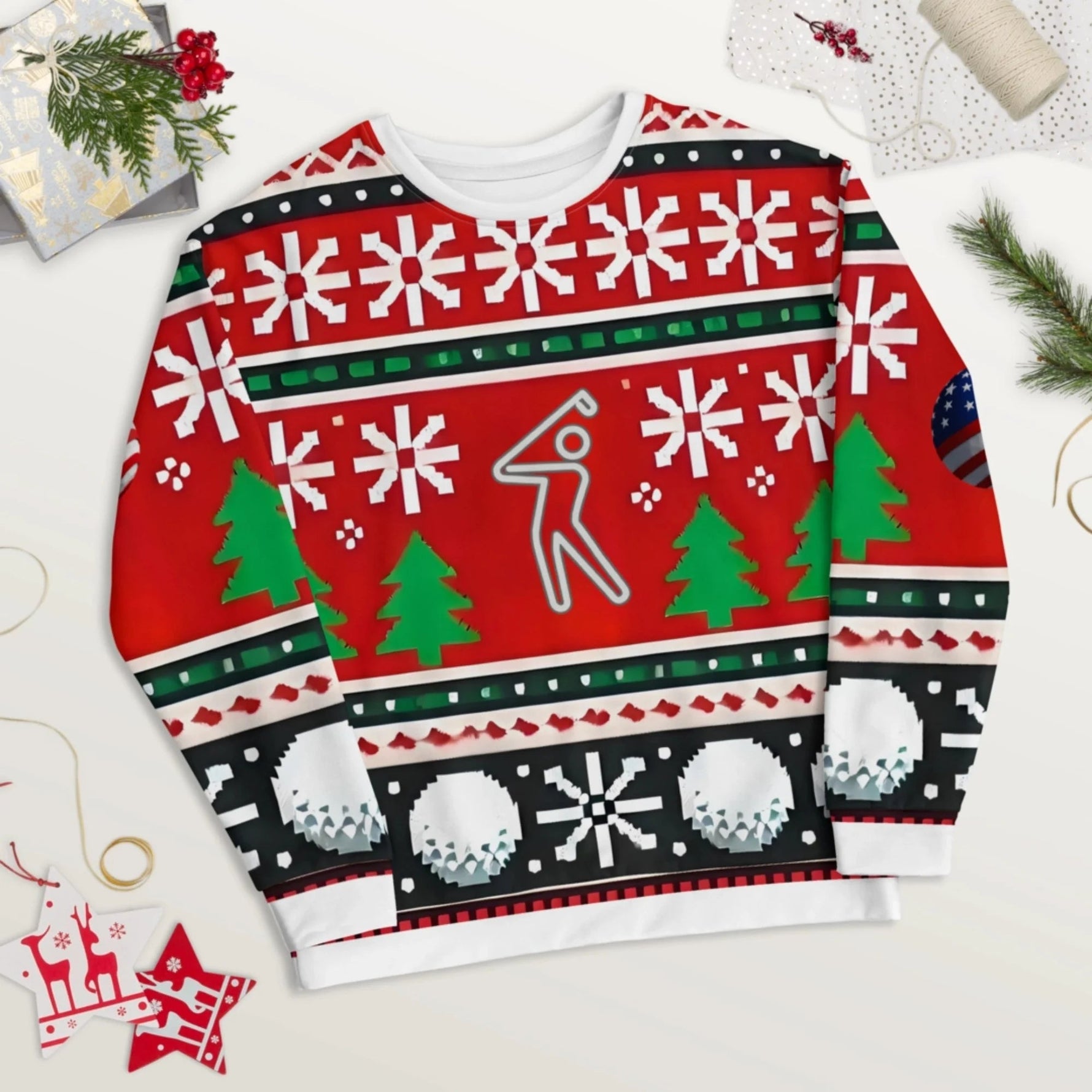 #YOLO Golf Ugly Christmas Fleece Sweater with red, green, and white festive design featuring snowflakes, trees, and a golf silhouette.