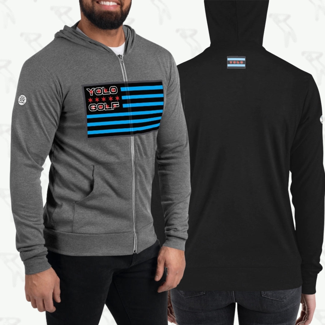 #YOLO Golf-USA Flag Tri-Blend Zip Hoodie featuring a soft gray front with bold blue and black stripes, YOLO Golf logo, and a USA flag-inspired design. Lightweight, unisex activewear perfect for athleisure and trendy golf apparel.