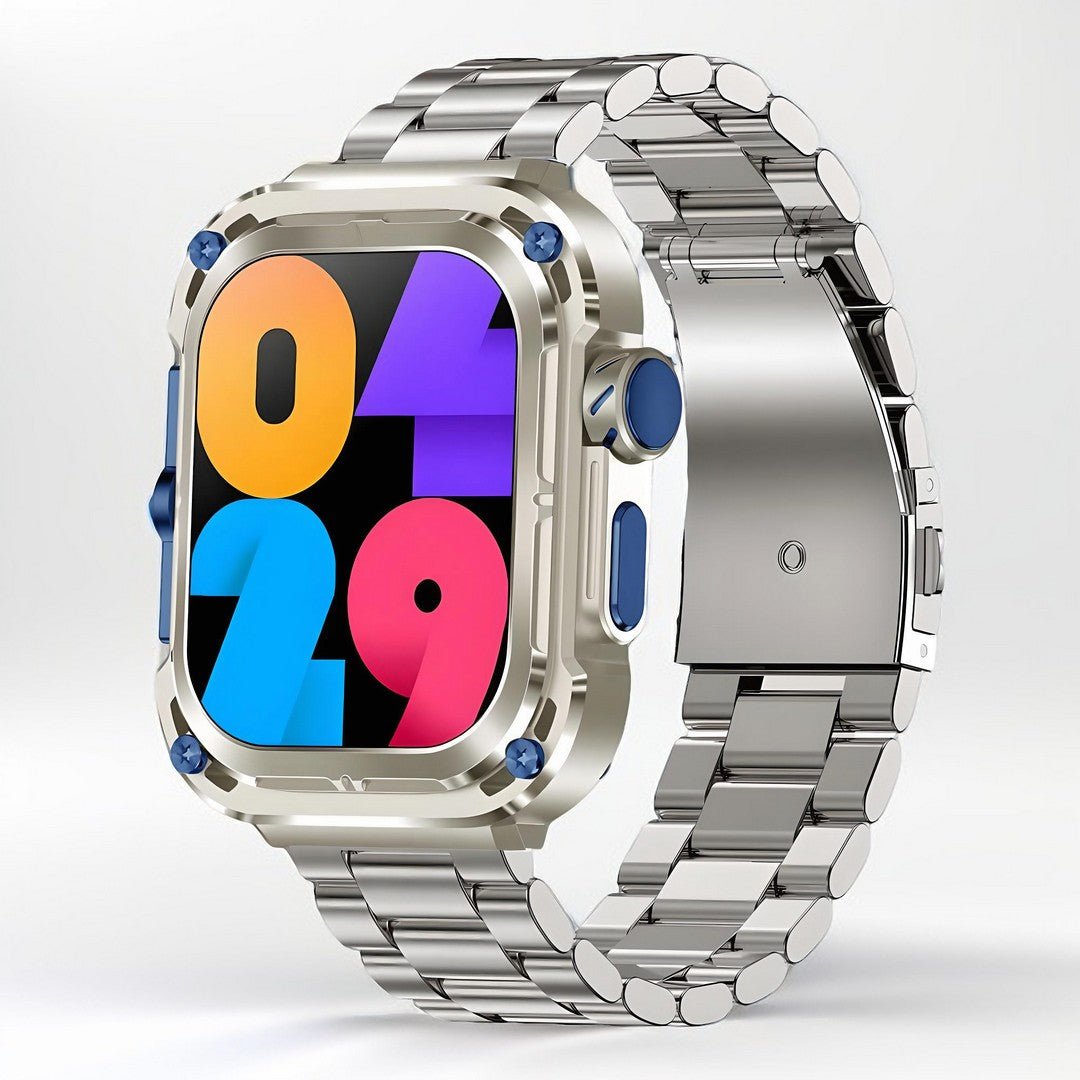 Z85 Max Smart Watch with a silver strap and colorful numeric dial, showcasing its premium zinc alloy build and vibrant design.