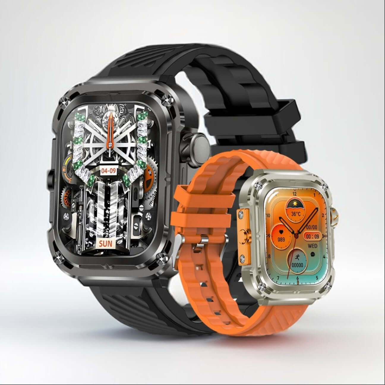 Z85 Max Smart Watch with 2.04-inch display featuring a black and orange strap, showcasing a futuristic dial design and vibrant interface.