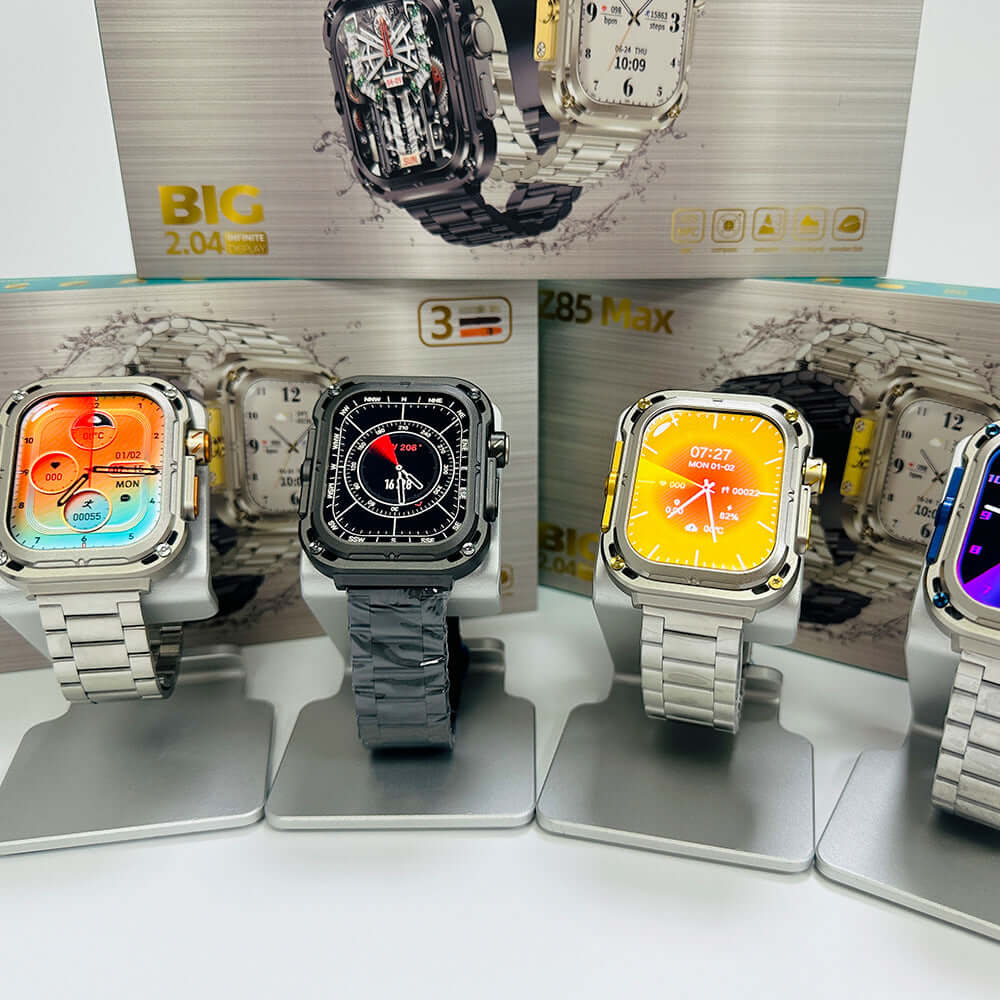 Z85 Max Smart Watch collection with multiple color options and dials, displayed on stands with packaging in the background.