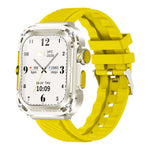 Z85 Max Smart Watch with a yellow strap and classic white dial, featuring health monitoring and step tracking details.