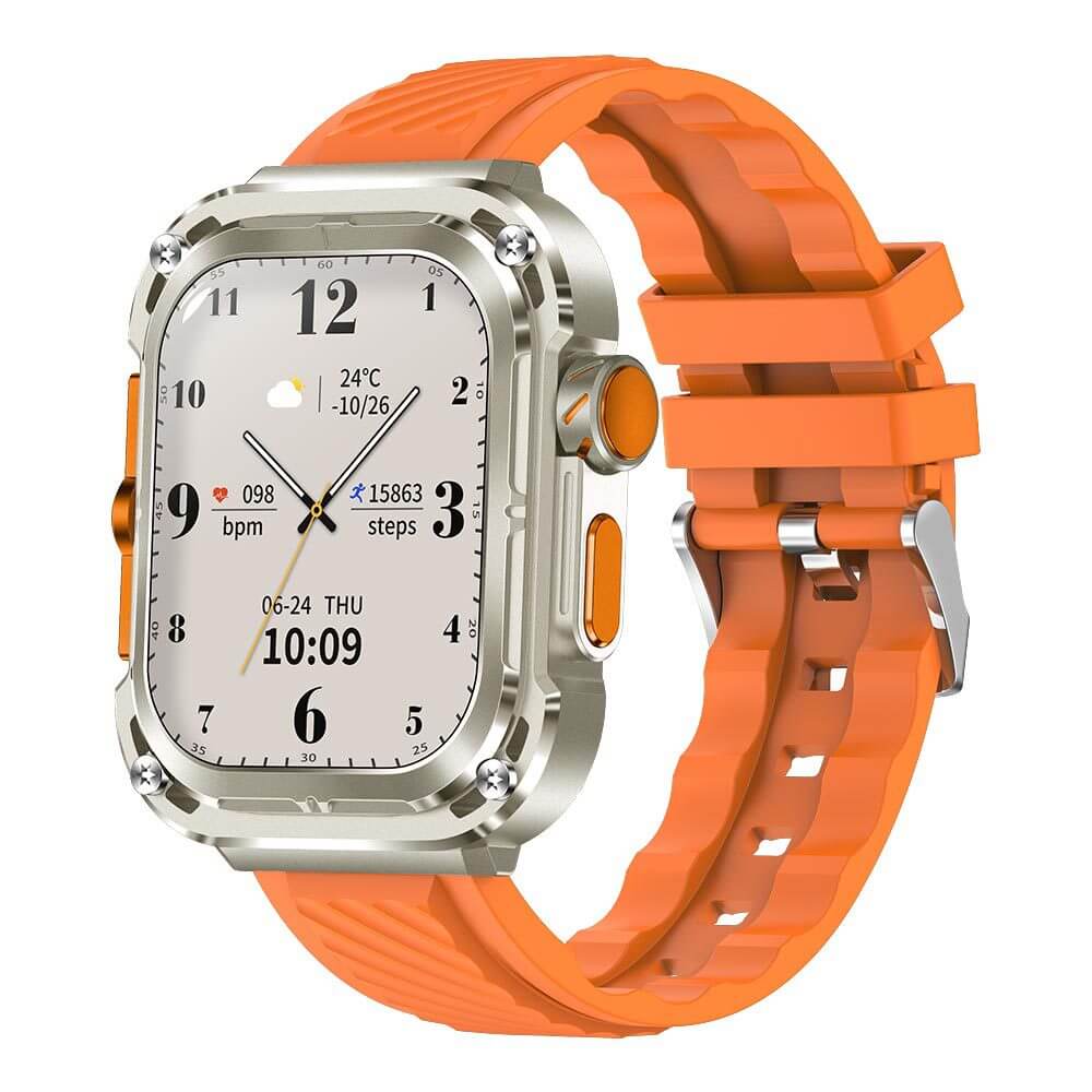 Z85 Max Smart Watch with an orange strap and classic white dial, showcasing its sporty and vibrant design.