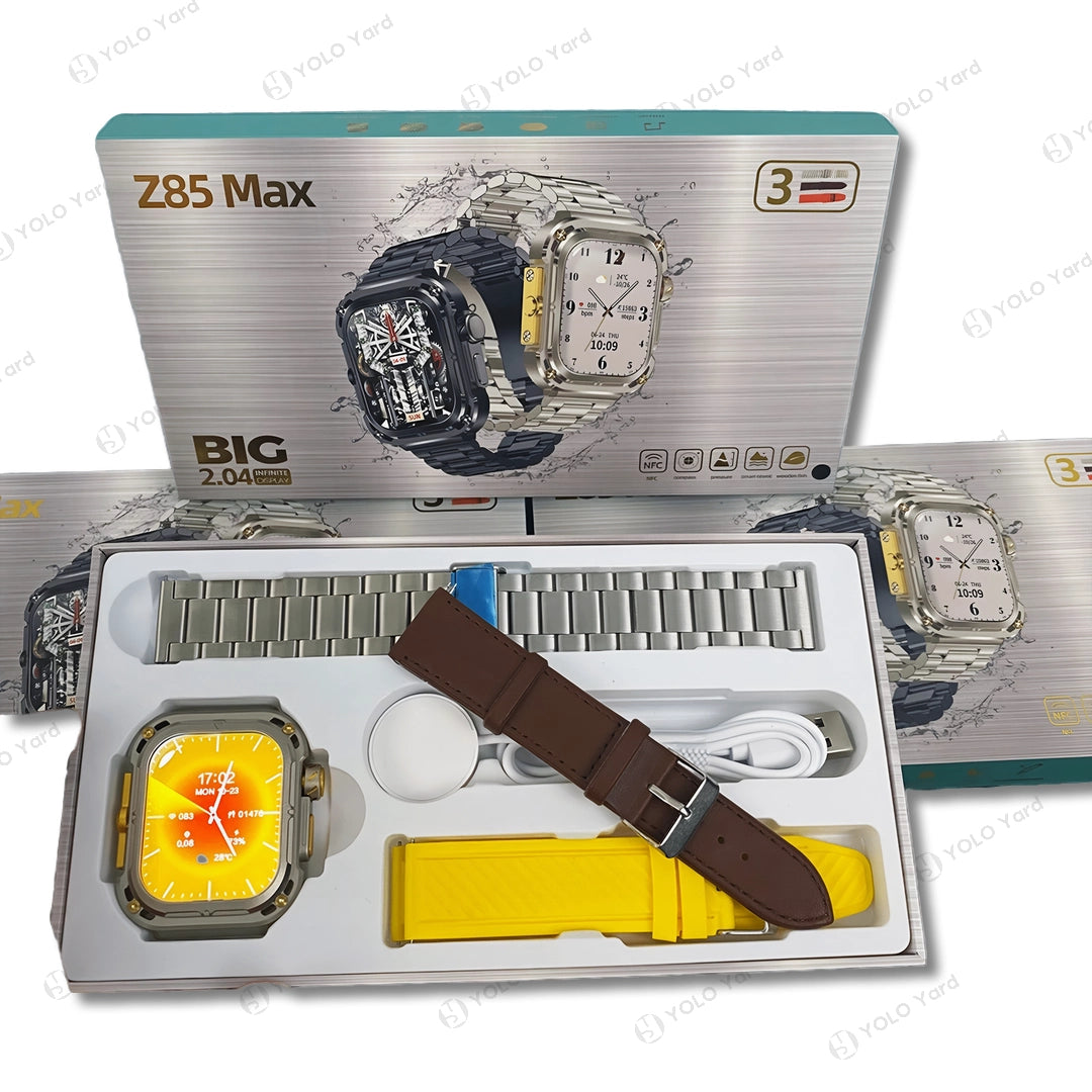 Z85 Max Smart Watch packaging with accessories, featuring a yellow strap and a vibrant orange dial for a sporty look.