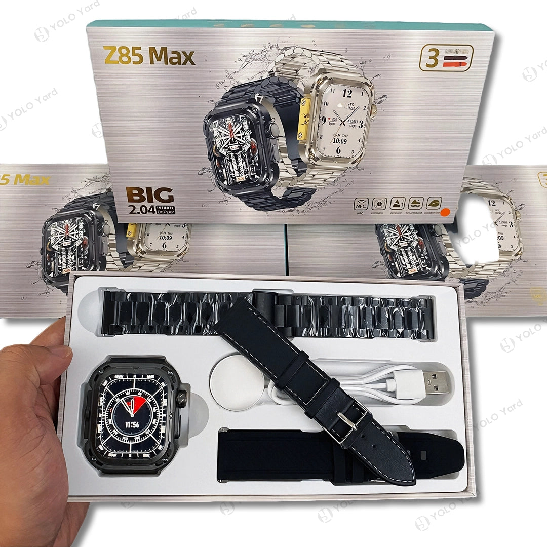 Z85 Max Smart Watch packaging with accessories, featuring a black strap and a bold mechanical-style dial for a rugged design.