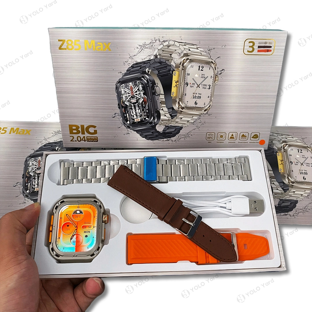 Z85 Max Smart Watch packaging with accessories, featuring an orange strap and a vibrant dial, emphasizing its sporty appeal.