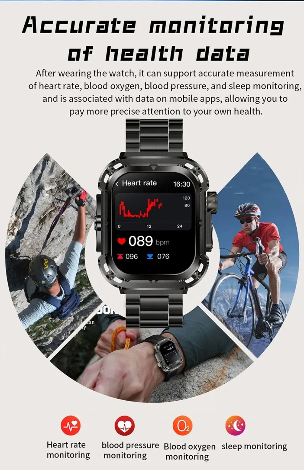 Z85 Max Smart Watch showcasing health monitoring features, including heart rate, blood oxygen, and sleep tracking.