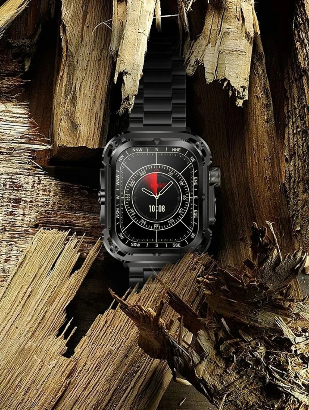 Z85 Max Smart Watch with a black strap and compass-style dial, displayed on a wooden surface for a rugged and bold aesthetic.