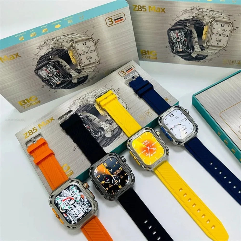 Z85 Max Smart Watch collection with colorful straps and dials, displayed alongside its branded packaging for retail.