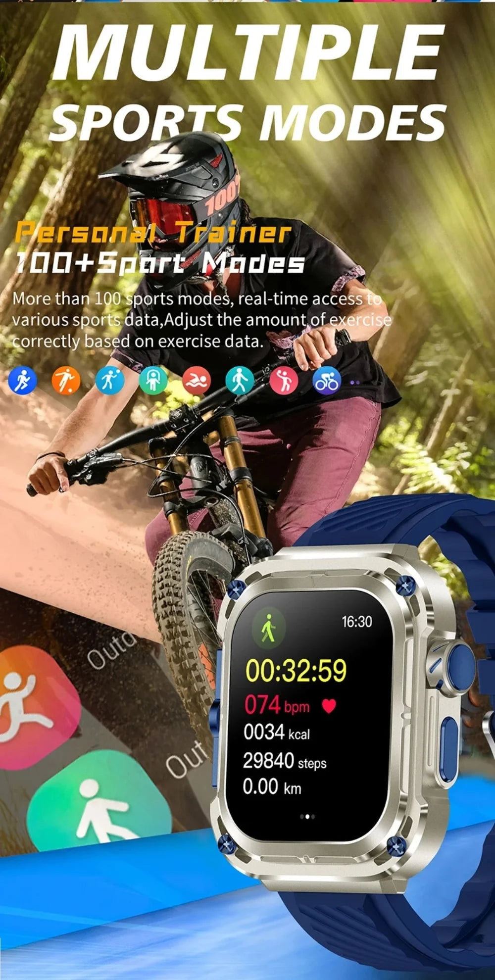 Z85 Max Smart Watch with 100+ sports modes, shown in a cycling setting, emphasizing its fitness tracking capabilities.