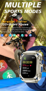 Z85 Max Smart Watch with 100+ sports modes, shown in a cycling setting, emphasizing its fitness tracking capabilities.