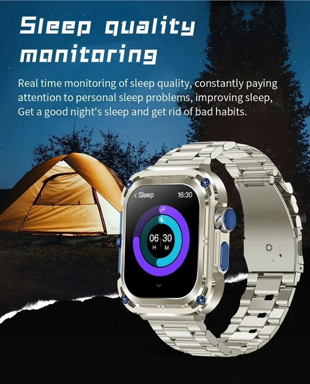 Z85 Max Smart Watch with sleep monitoring features, displayed in an outdoor camping setting for health-conscious users.