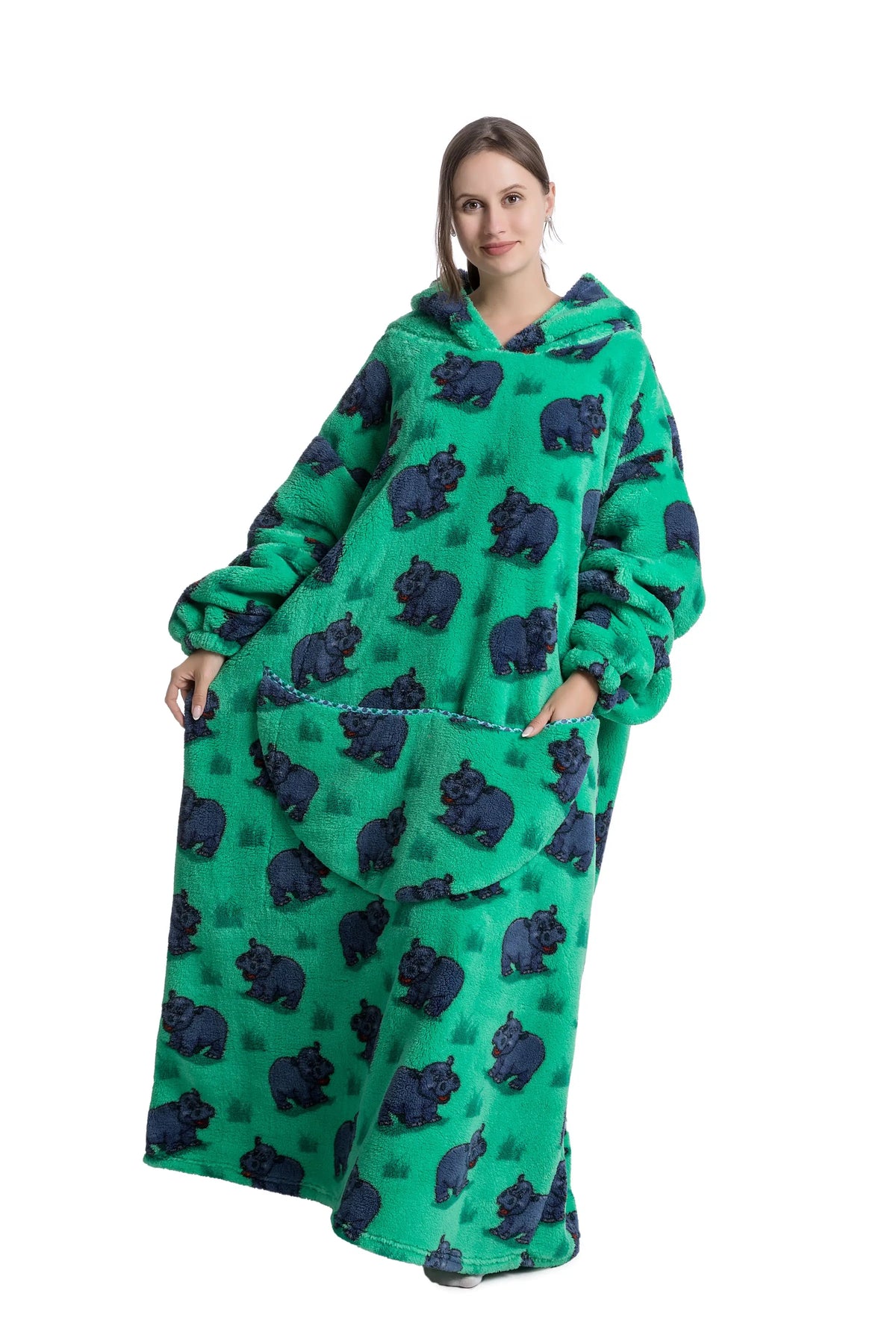 Green CozyHaven Deluxe Sherpa Hoodie with blue bear prints, featuring an oversized fit, hood, and a large crescent pocket for warmth.