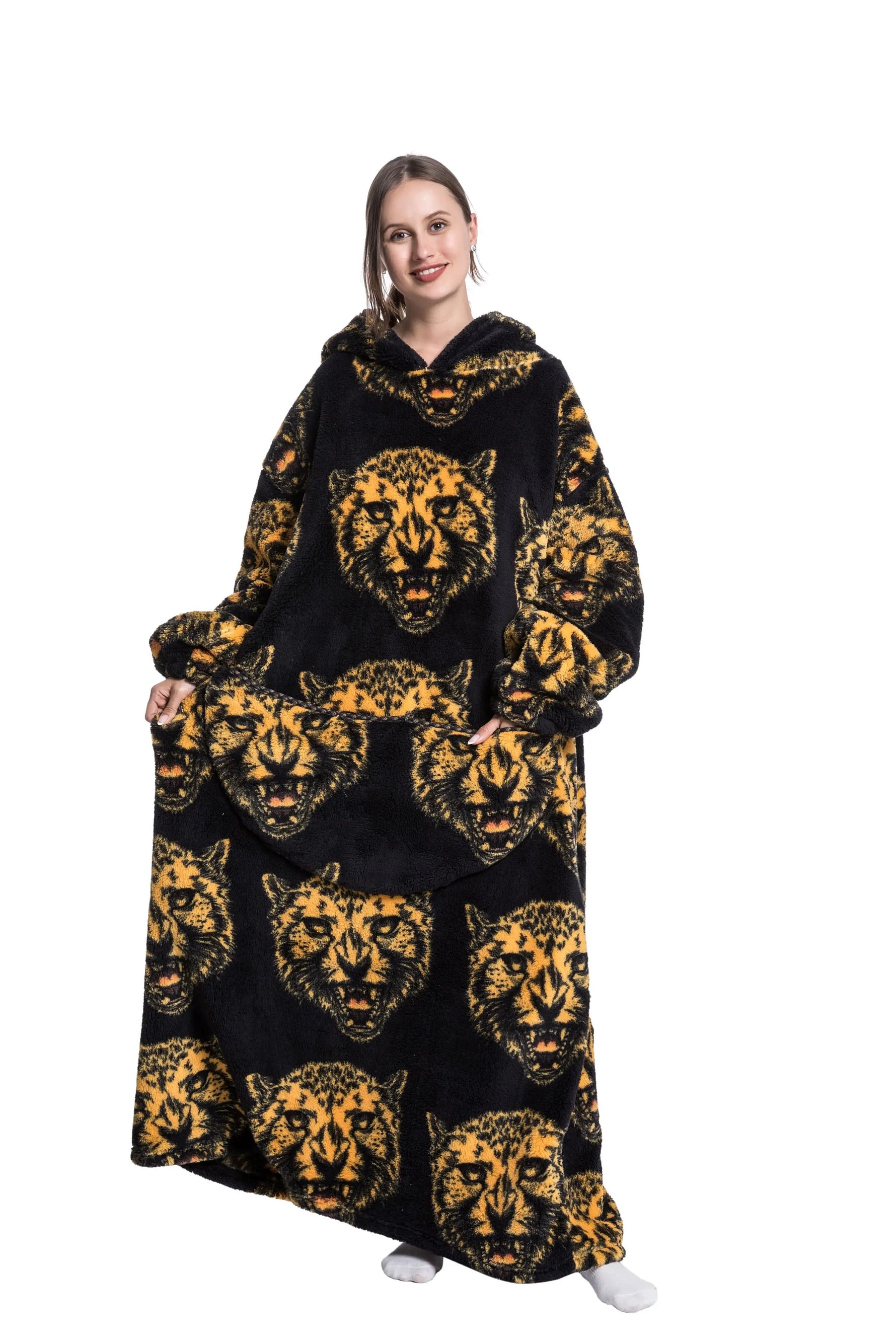 Black CozyHaven Deluxe Sherpa Hoodie with yellow tiger face prints, oversized design, hood, and a large pocket for cozy lounging.